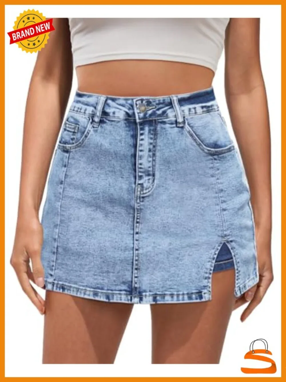 High Waisted Denim Skort with Slit and Pockets - Trendy Y2K Skirt Shorts